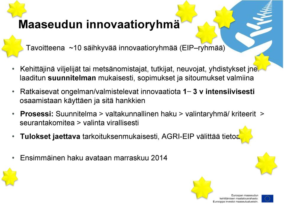 laaditun suunnitelman mukaisesti, sopimukset ja sitoumukset valmiina Ratkaisevat ongelman/valmistelevat innovaatiota 1 3 v intensiivisesti