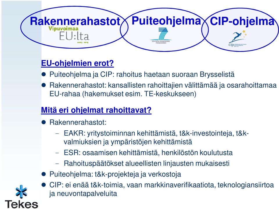 TE-keskukseen) Mitä eri ohjelmat rahoittavat?