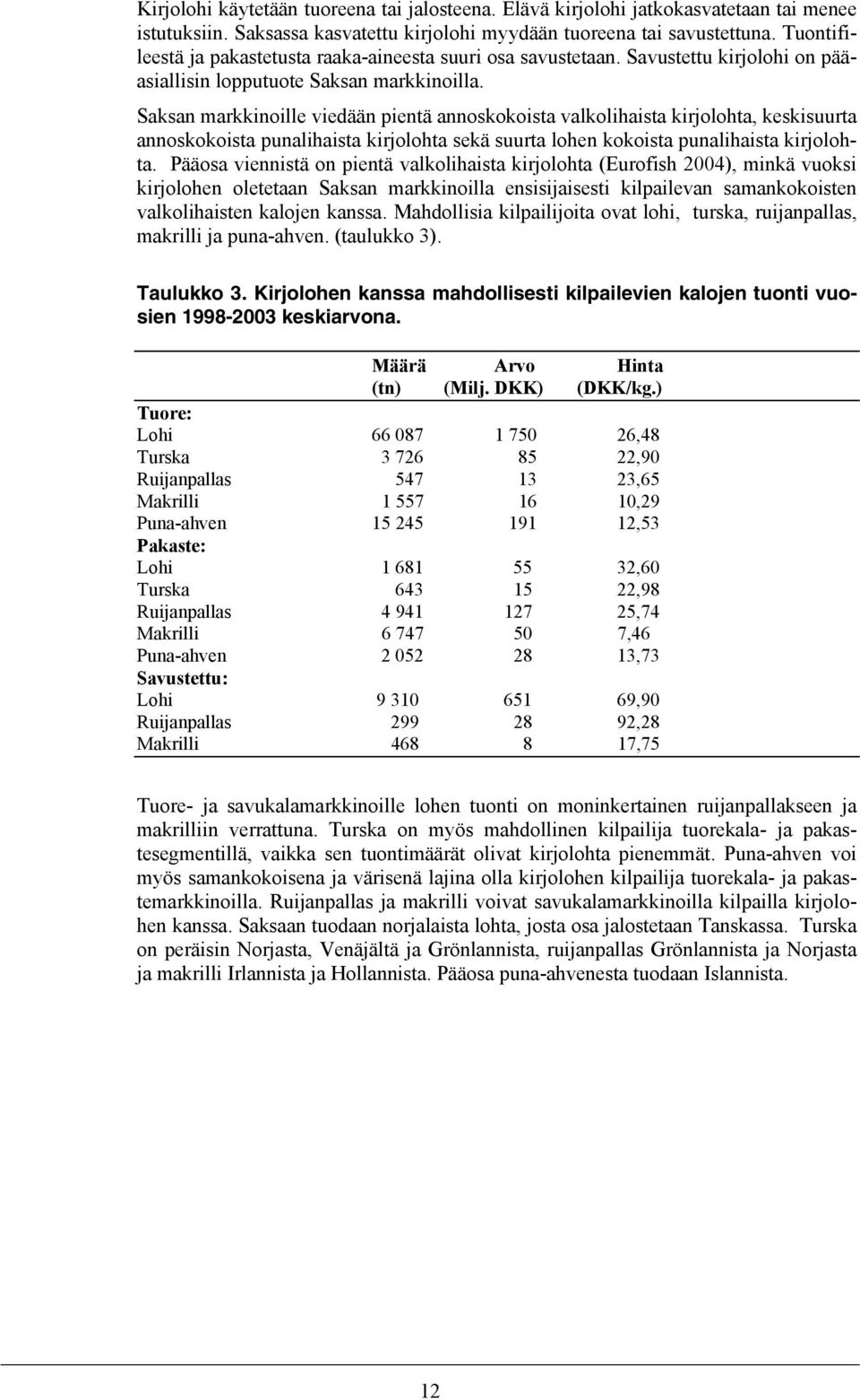 Saksan markkinoille viedään pientä annoskokoista valkolihaista kirjolohta, keskisuurta annoskokoista punalihaista kirjolohta sekä suurta lohen kokoista punalihaista kirjolohta.