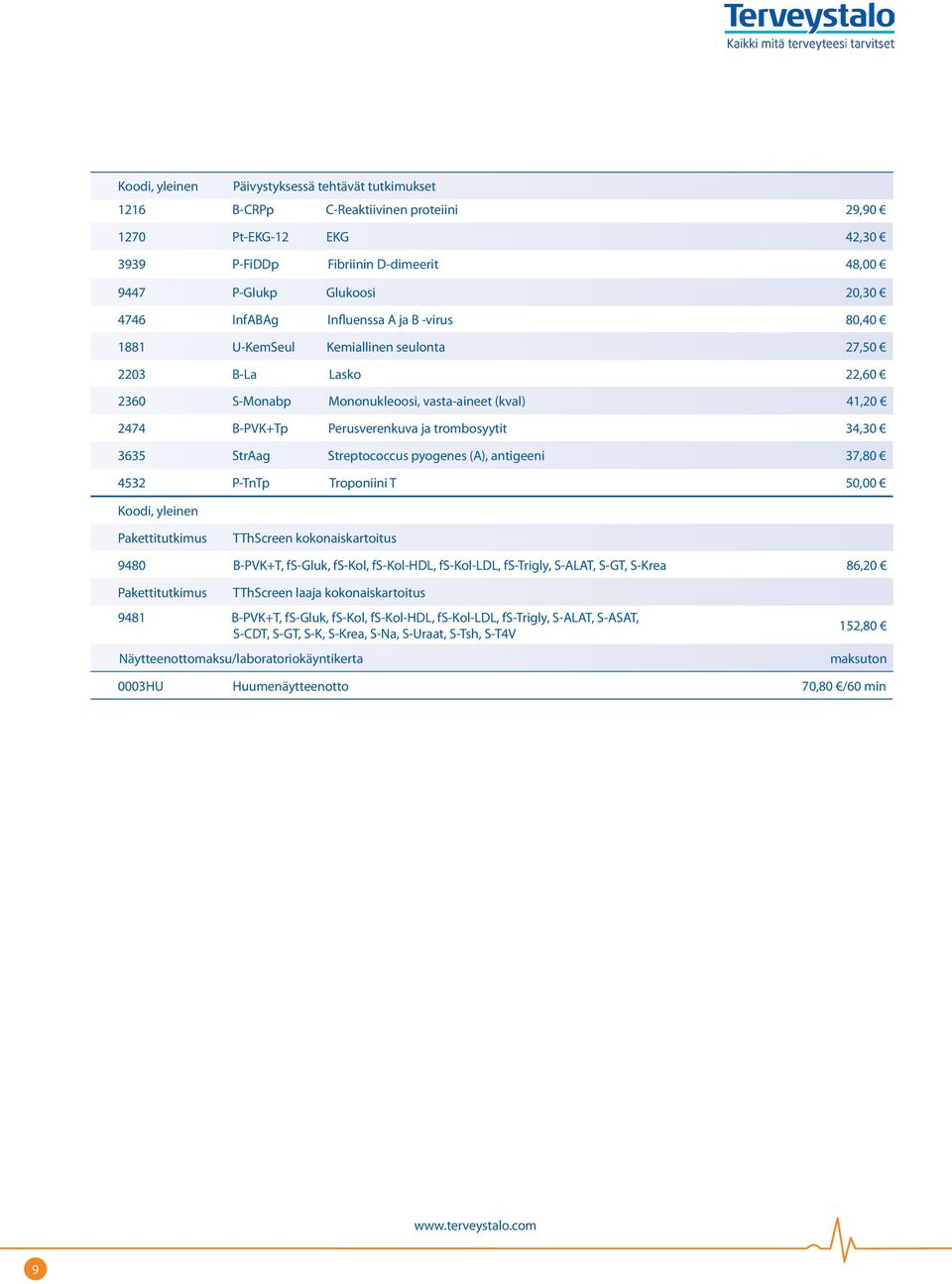 34,30 3635 StrAag Streptococcus pyogenes (A), antigeeni 37,80 4532 P-TnTp Troponiini T 50,00 Koodi, yleinen Pakettitutkimus TThScreen kokonaiskartoitus 9480 B-PVK+T, fs-gluk, fs-kol, fs-kol-hdl,