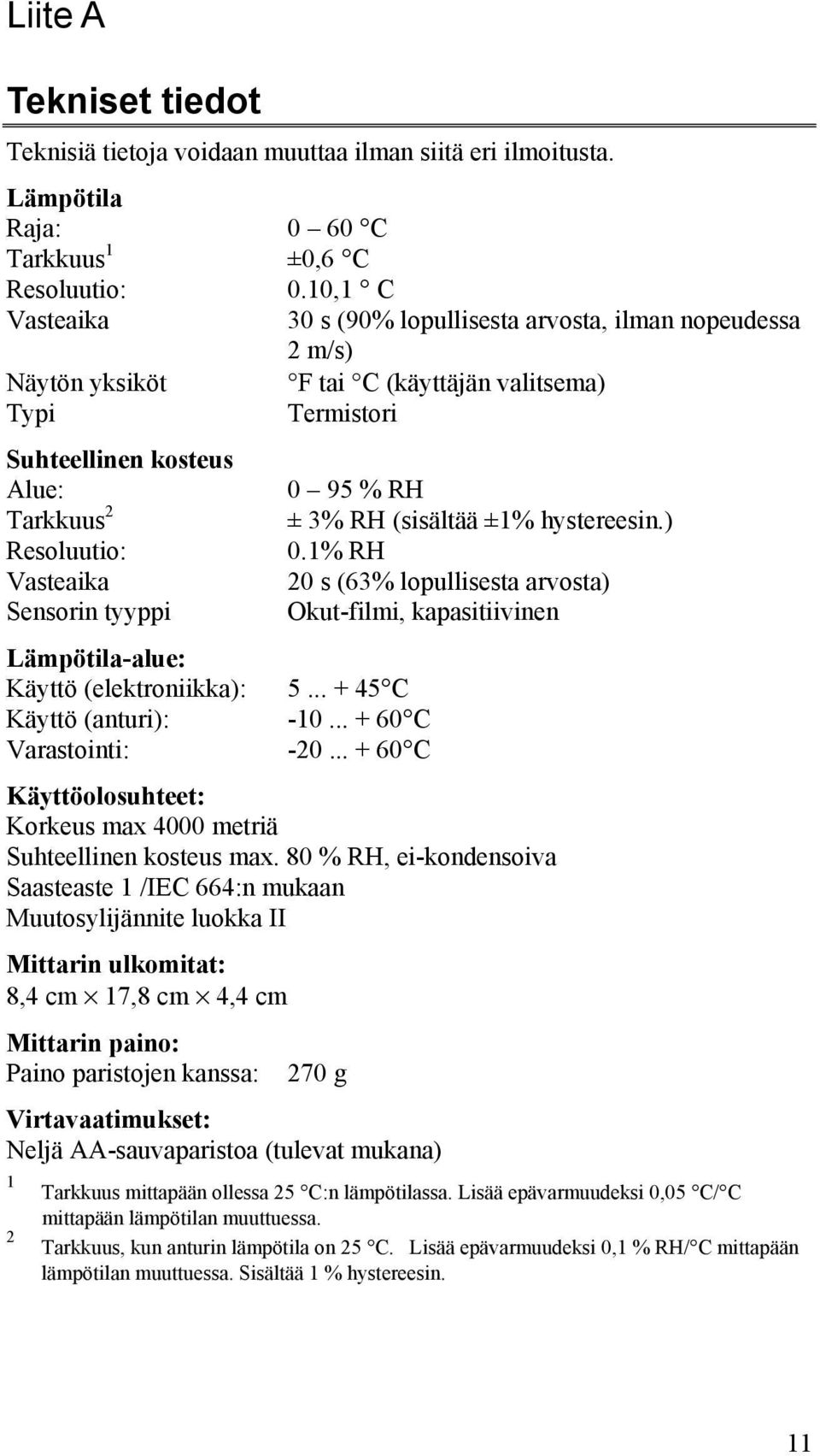 ±1% hystereesin.) Resoluutio: 0.1% RH Vasteaika 20 s (63% lopullisesta arvosta) Sensorin tyyppi Okut-filmi, kapasitiivinen Lämpötila-alue: Käyttö (elektroniikka): 5... + 45 C Käyttö (anturi): -10.