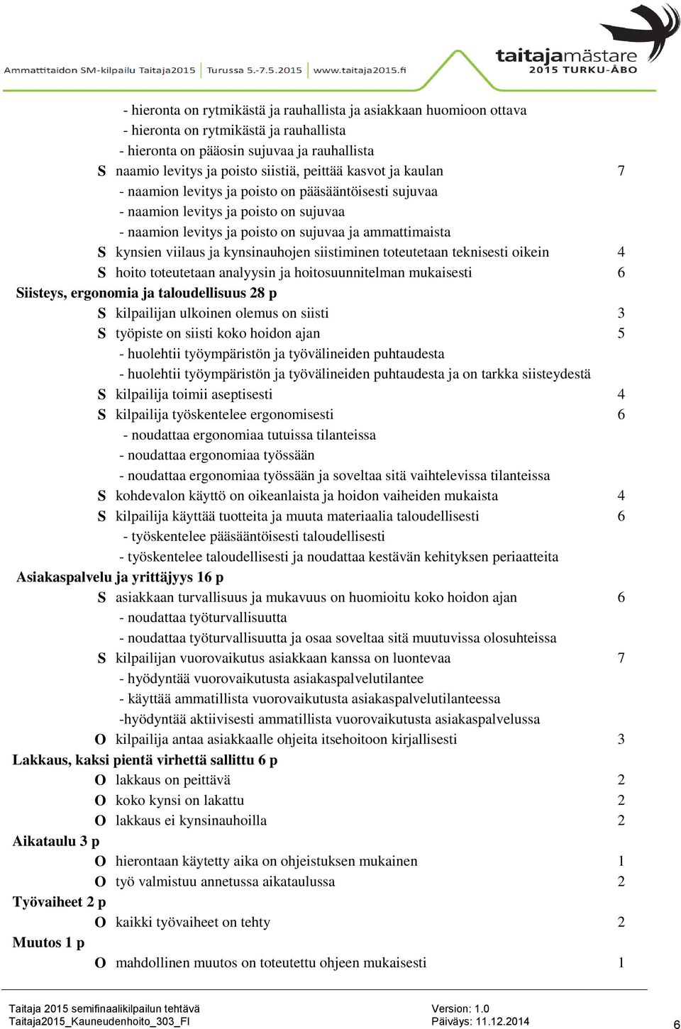 kynsinauhojen siistiminen toteutetaan teknisesti oikein 4 S hoito toteutetaan analyysin ja hoitosuunnitelman mukaisesti 6 Siisteys, ergonomia ja taloudellisuus 28 p S kilpailijan ulkoinen olemus on