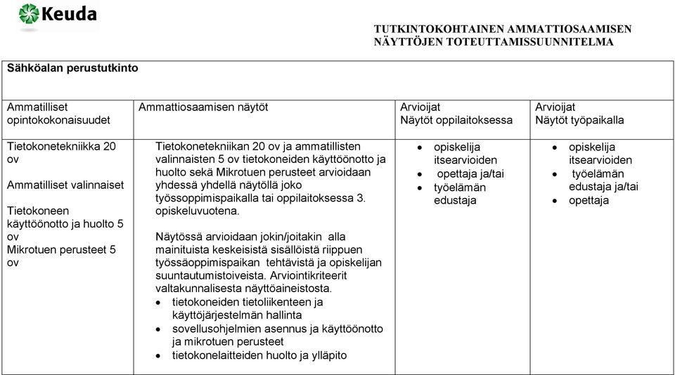 työssoppimispaikalla tai oppilaitoksessa 3. opiskeluvuotena. Näytössä idaan jokin/joitakin alla suuntautumistoiveista. Arviointikriteerit valtakunnalisesta näyttöaineistosta.