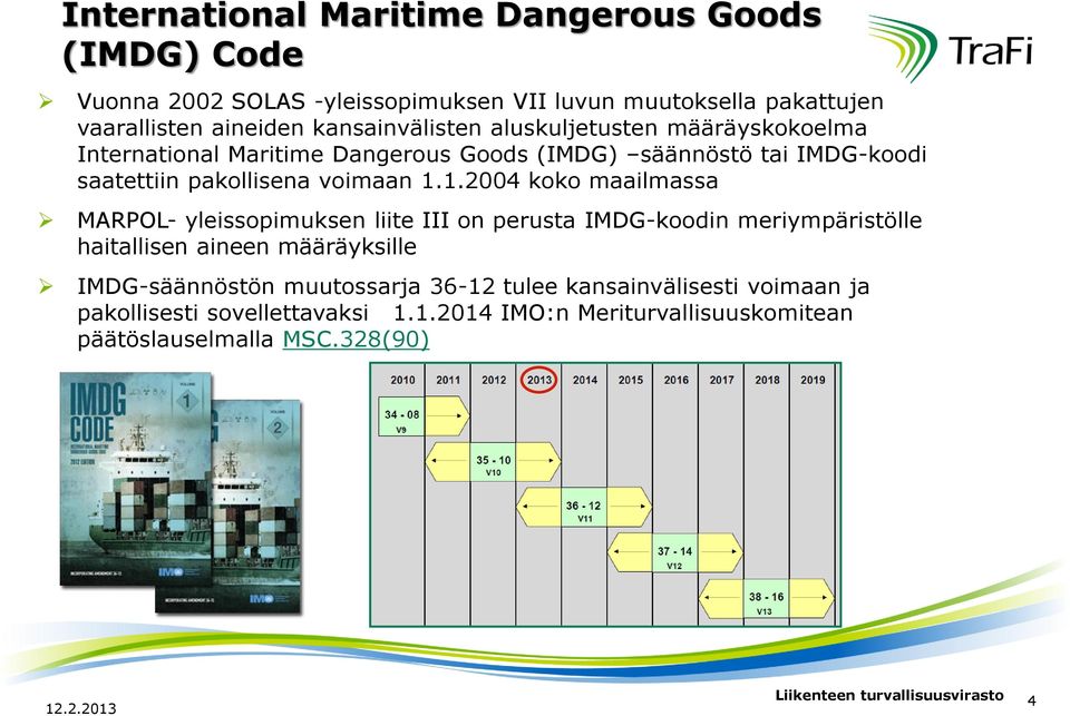 1.2004 koko maailmassa MARPOL- yleissopimuksen liite III on perusta IMDG-koodin meriympäristölle haitallisen aineen määräyksille IMDG-säännöstön muutossarja