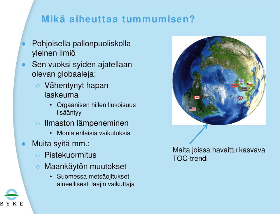 Vähentynyt hapan laskeuma Orgaanisen hiilen liukoisuus lisääntyy Ilmaston lämpeneminen Monia