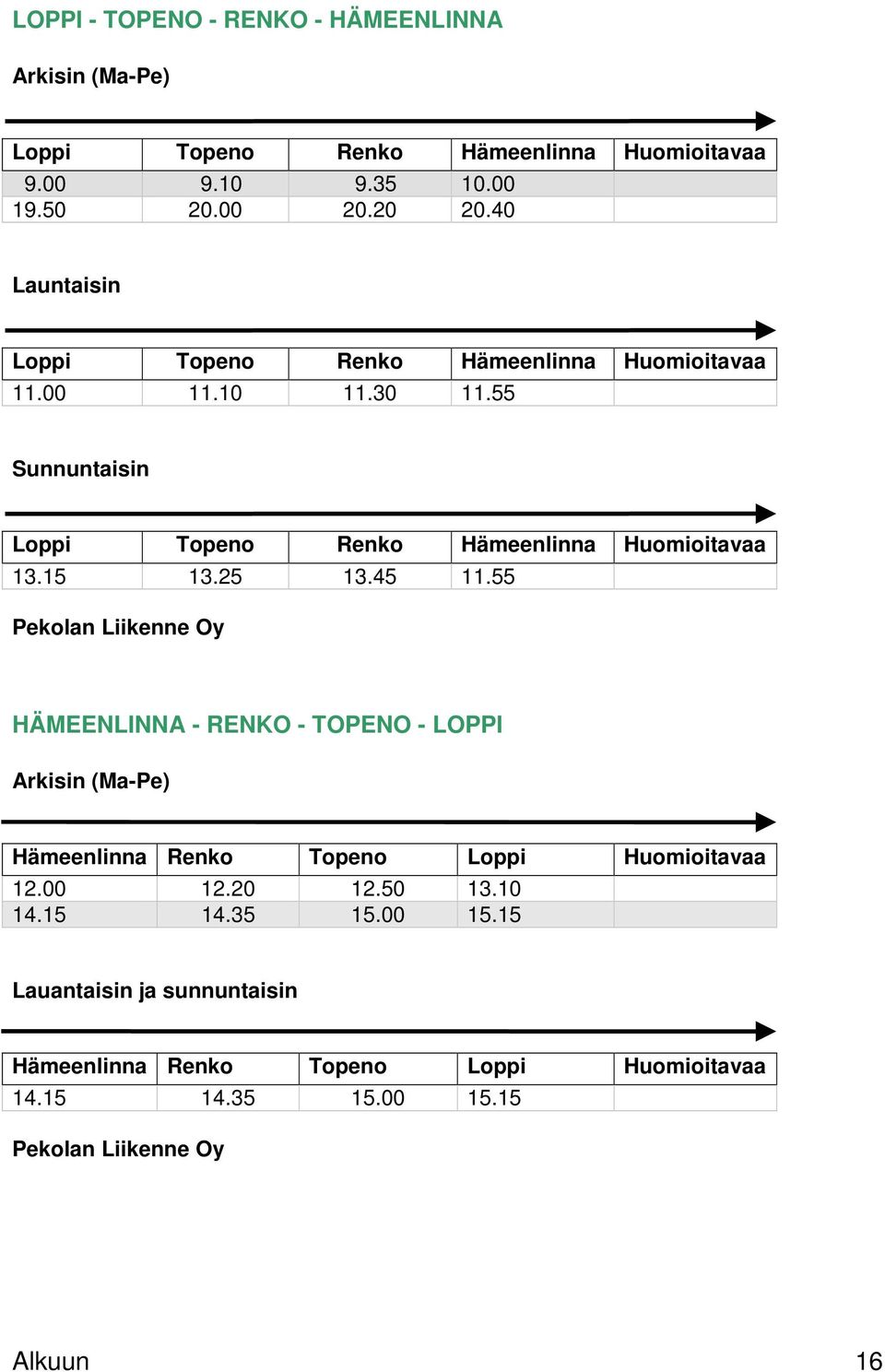 55 Sunnuntaisin Loppi openo Renko Hämeenlinna Huomioitavaa 13.15 13.25 13.45 11.