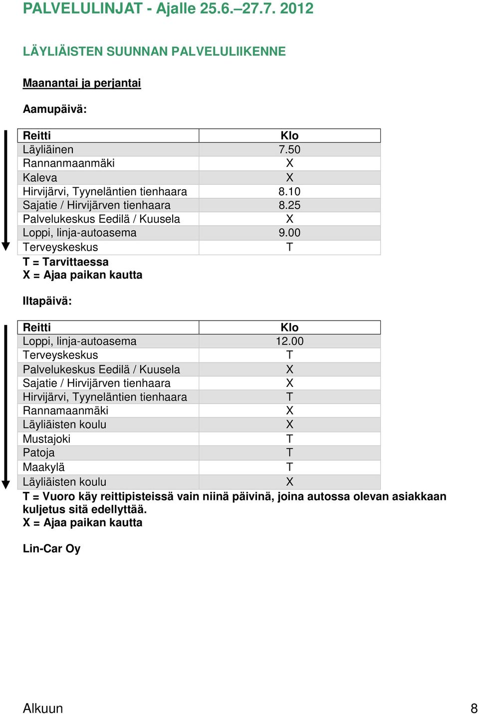 00 erveyskeskus = arvittaessa = Ajaa paikan kautta Iltapäivä: Loppi, linja-autoasema 12.