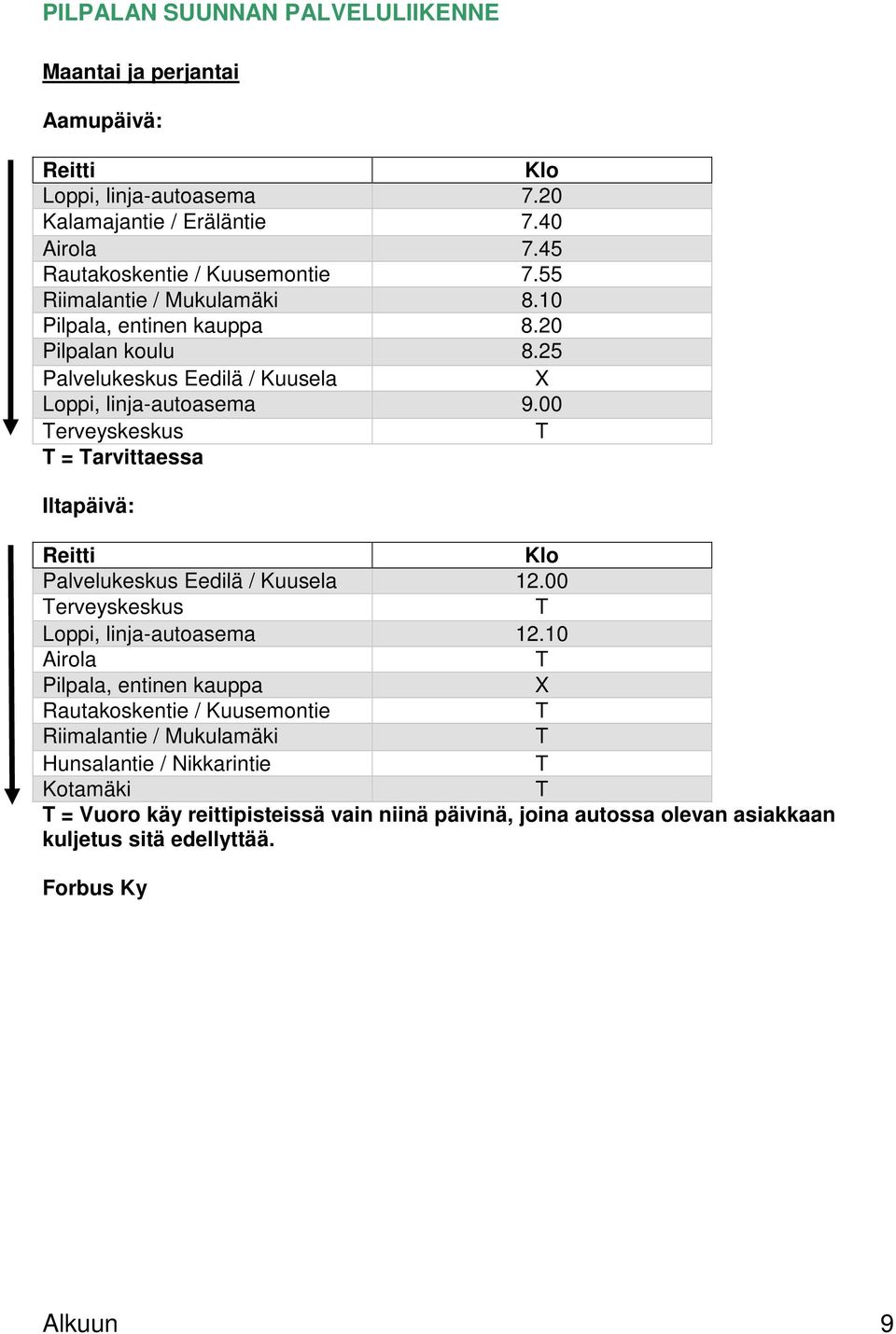 00 erveyskeskus = arvittaessa Iltapäivä: Palvelukeskus Eedilä / Kuusela 12.00 erveyskeskus Loppi, linja-autoasema 12.