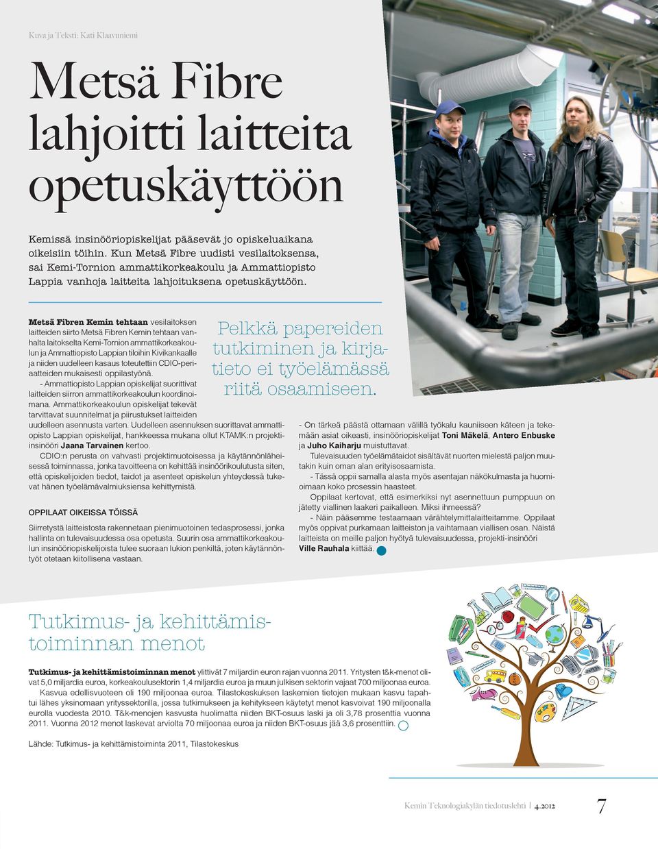 Metsä Fibren Kemin tehtaan vesilaitoksen laitteiden siirto Metsä Fibren Kemin tehtaan vanhalta laitokselta Kemi-Tornion ammattikorkeakoulun ja Ammattiopisto Lappian tiloihin Kivikankaalle ja niiden