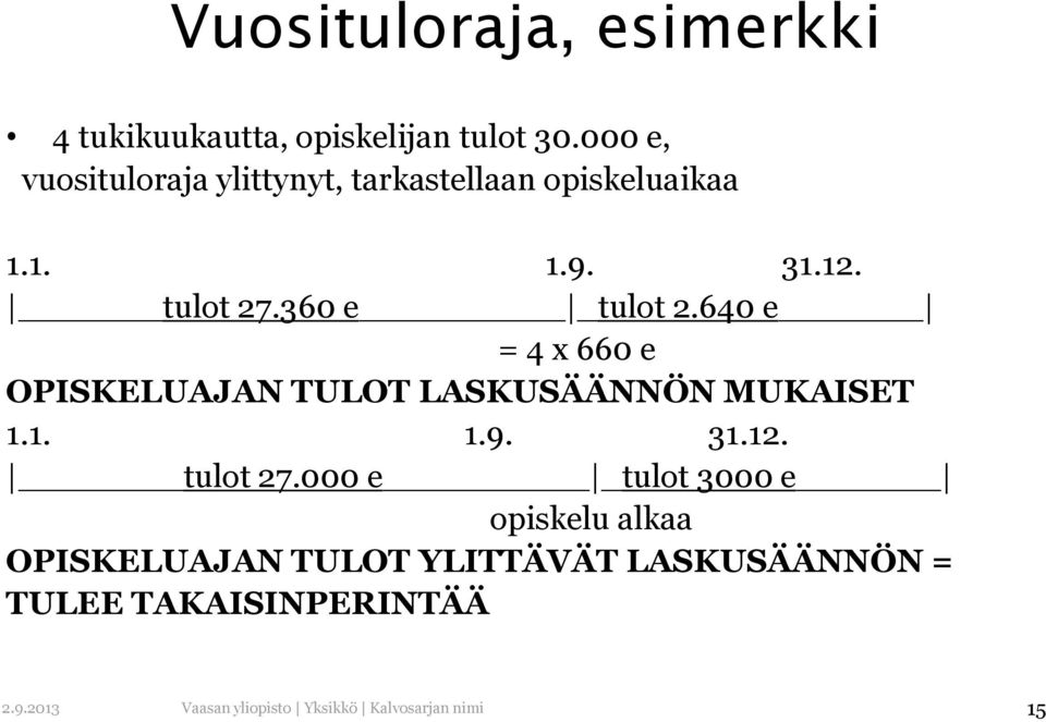 640 e = 4 x 660 e OPISKELUAJAN TULOT LASKUSÄÄNNÖN MUKAISET 1.1. 1.9. 31.12. tulot 27.