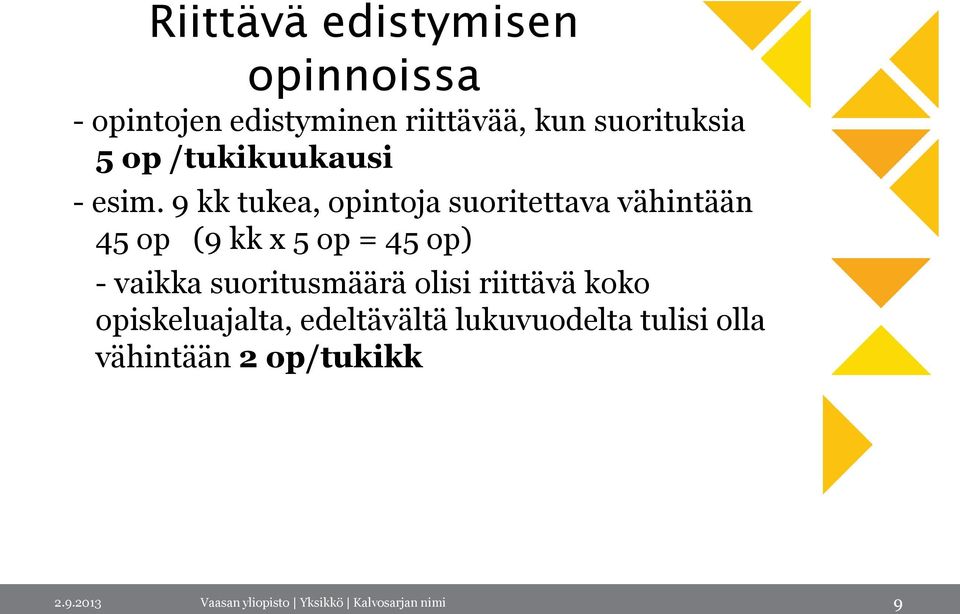 9 kk tukea, opintoja suoritettava vähintään 45 op (9 kk x 5 op = 45 op) - vaikka