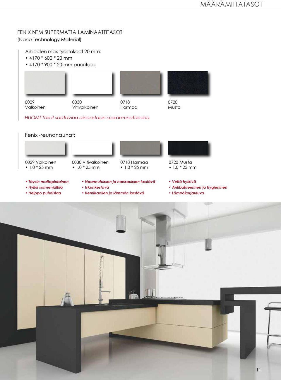 Tasot saatavina ainoastaan suorareunatasoina Fenix -reunanauhat: 0029 Valkoinen 1,0 * 25 mm 0030 Vitivalkoinen 1,0 * 25 mm 0718 Harmaa 1,0 * 25 mm 0720 Musta 1,0 *