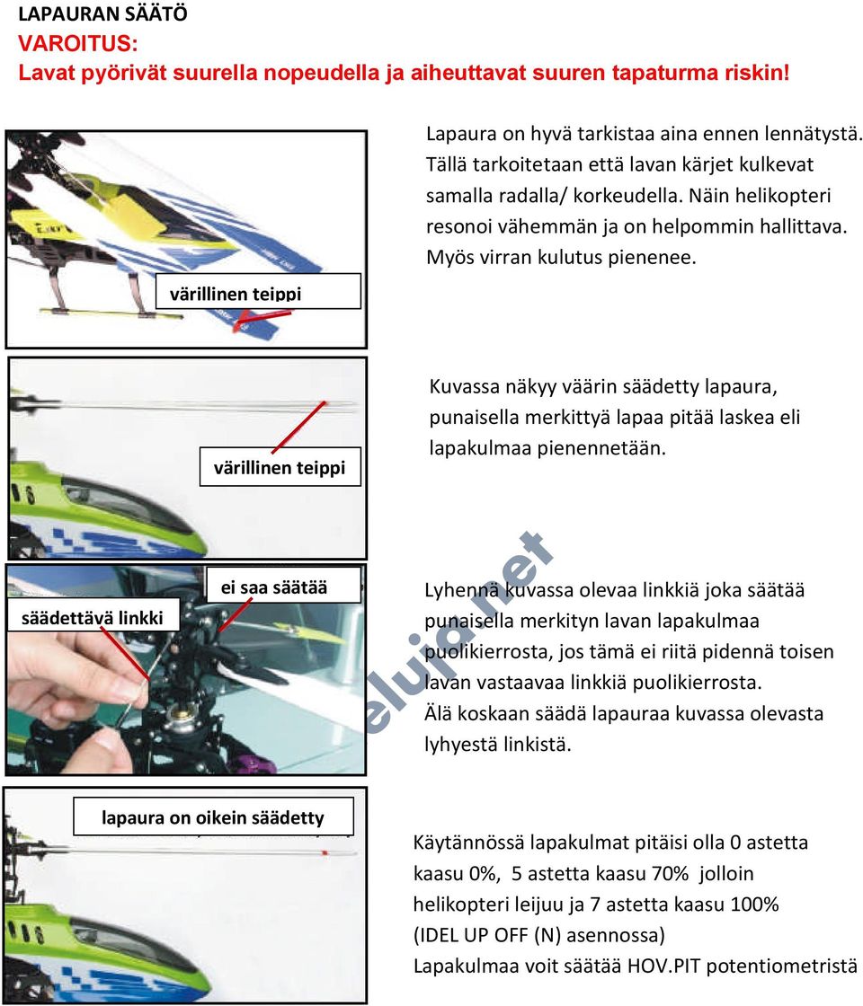 värillinen teippi värillinen teippi ei saa säätää säädettävä linkki lapaura on oikein säädetty Kuvassa näkyy väärin säädetty lapaura, punaisella merkittyä lapaa pitää laskea eli lapakulmaa