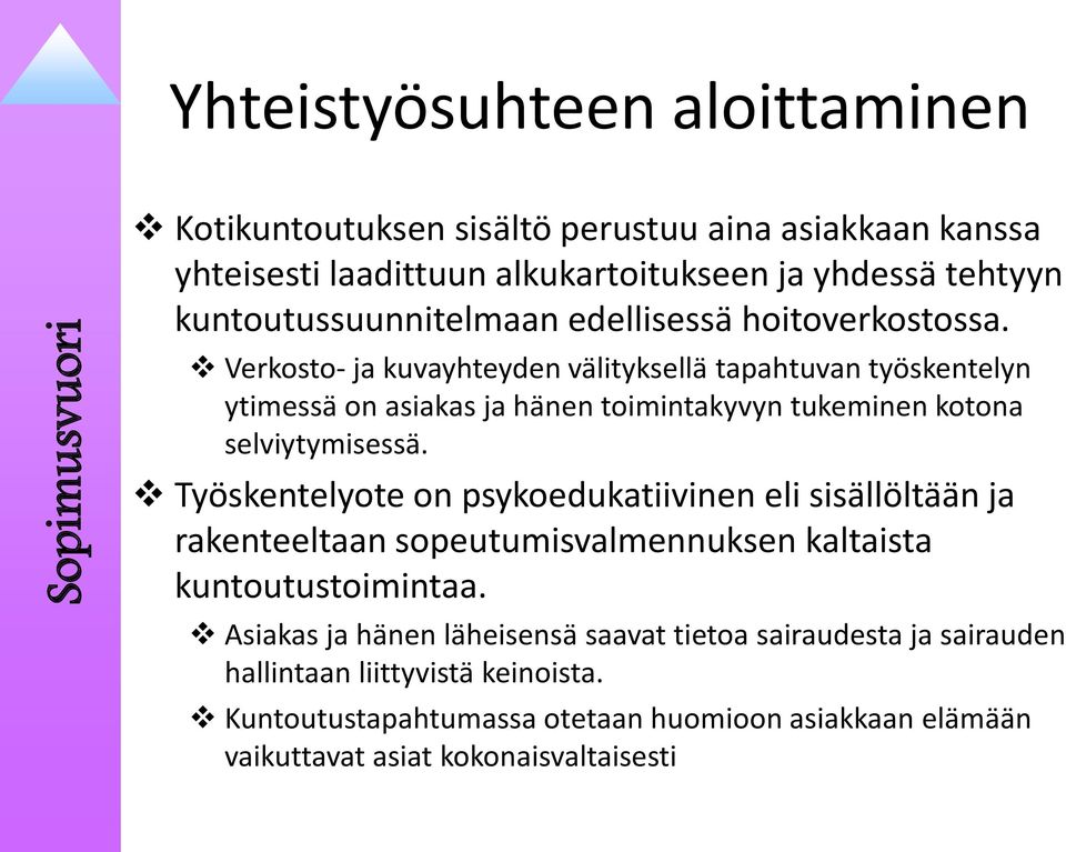 Verkosto- ja kuvayhteyden välityksellä tapahtuvan työskentelyn ytimessä on asiakas ja hänen toimintakyvyn tukeminen kotona selviytymisessä.