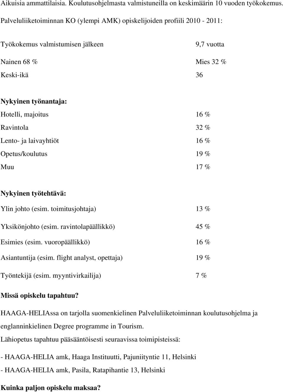 Ravintola 32 % Lento- ja laivayhtiöt 16 % Opetus/koulutus 19 % Muu 17 % Nykyinen työtehtävä: Ylin johto (esim. toimitusjohtaja) 13 % Yksikönjohto (esim. ravintolapäällikkö) 45 % Esimies (esim.