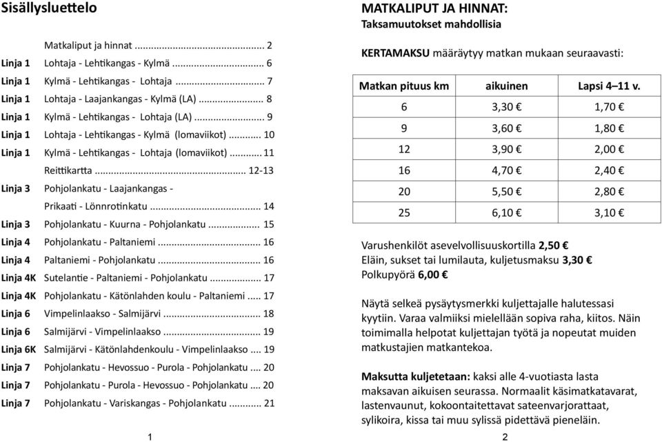 .. Linja Paltaniemi... Linja K Sutelantie Paltaniemi... Linja K Kätönlahden koulu Paltaniemi... Linja Vimpelinlaakso Salmijärvi... 8 Linja Salmijärvi Vimpelinlaakso.