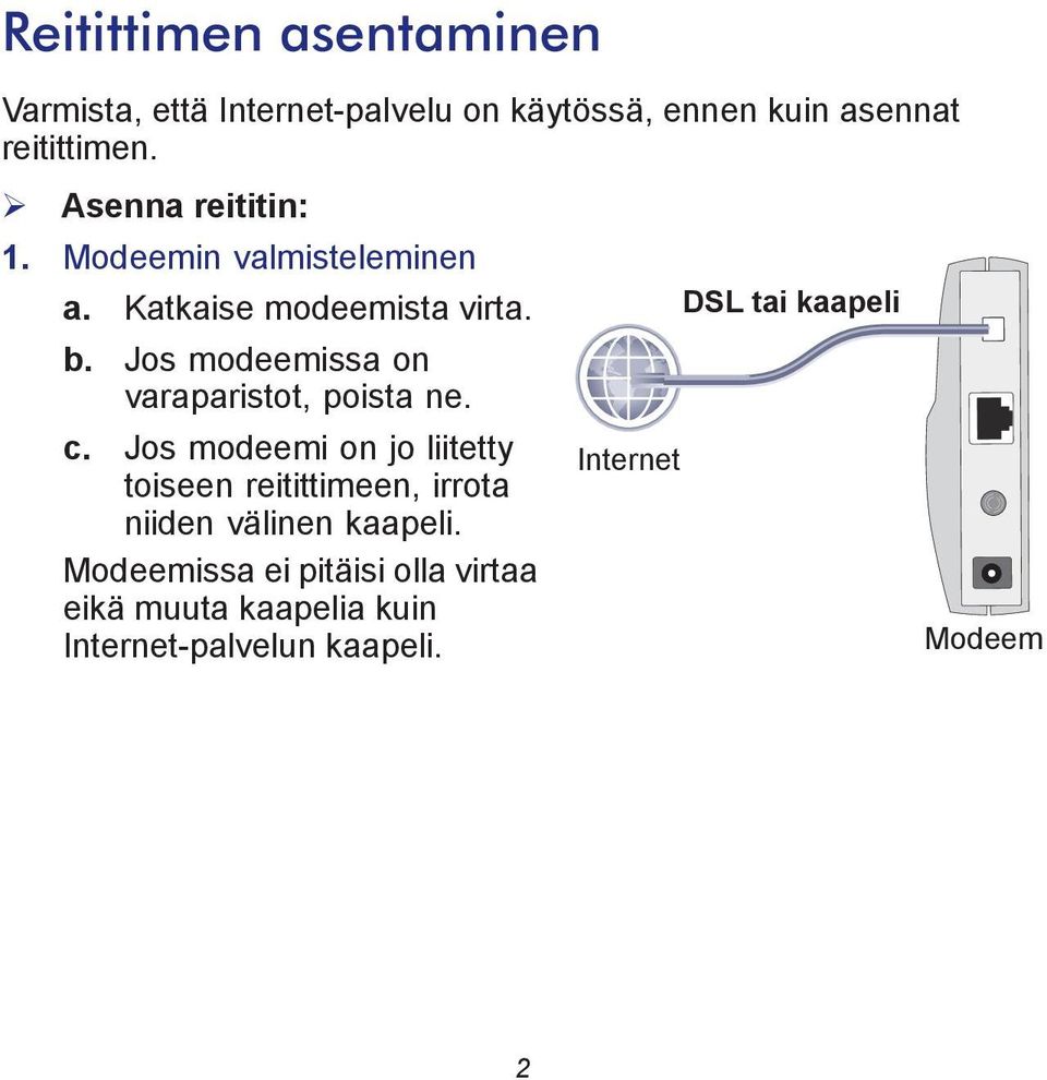 Jos modeemissa on varaparistot, poista ne. c.