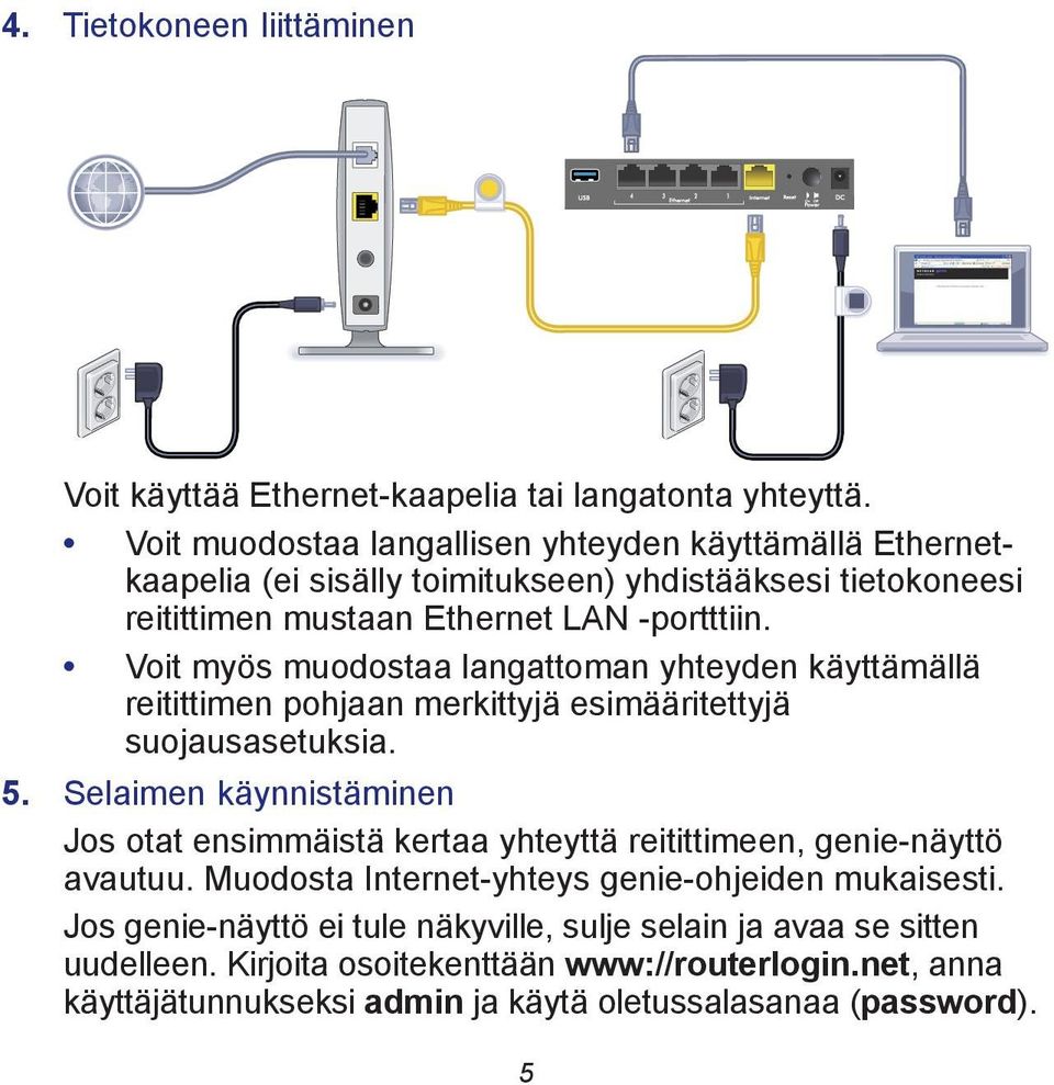 Voit myös muodostaa langattoman yhteyden käyttämällä reitittimen pohjaan merkittyjä esimääritettyjä suojausasetuksia. 5.