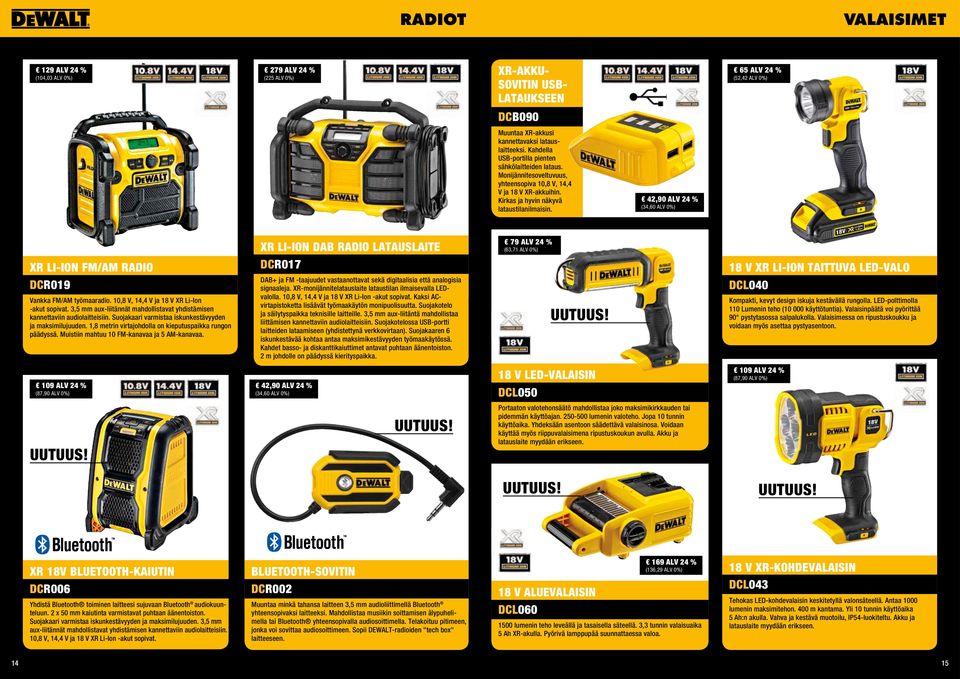 42,90 ALV 24 % (34,60 ALV 0%) XR LI-ION DAB RADIO LATAUSLAITE 79 ALV 24 % (63,71 ALV 0%) XR LI-ION FM/AM RADIO DCR017 18 V XR LI-ION TAITTUVA LED-VALO DCR019 Vankka FM/AM työmaaradio.