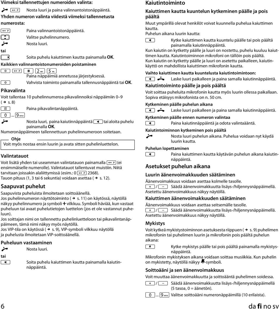 K Vahvista toiminto painamalla tallennusnäppäintä [. Pikavalinta Voit tallentaa 0 puhelinnumeroa pikavalinnoiksi näppäimiin 0 9 ( s. 8) J Q... O c Paina pikavalintanäppäintä.