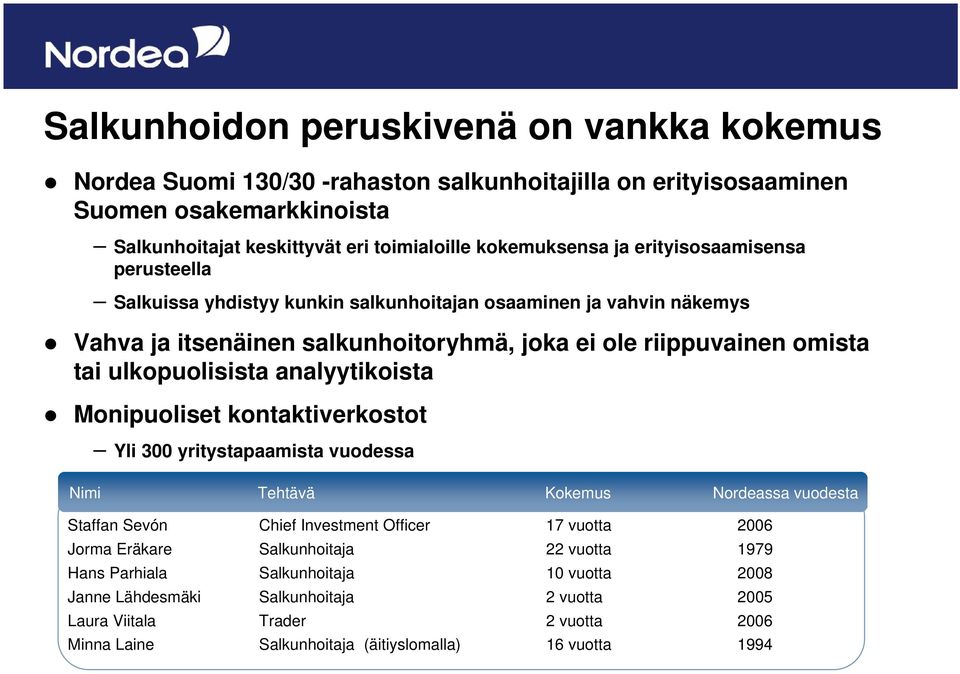 analyytikoista Monipuoliset kontaktiverkostot Yli 300 yritystapaamista vuodessa Nimi Tehtävä Kokemus Nordeassa vuodesta Staffan Sevón Chief Investment Officer 17 vuotta 2006 Jorma Eräkare