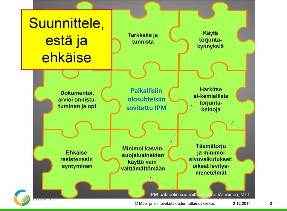 torjuntakeinoja Ehkäise resistenssin syntyminen Minimoi kasvinsuojeluaineiden käyttö vain välttämättömään