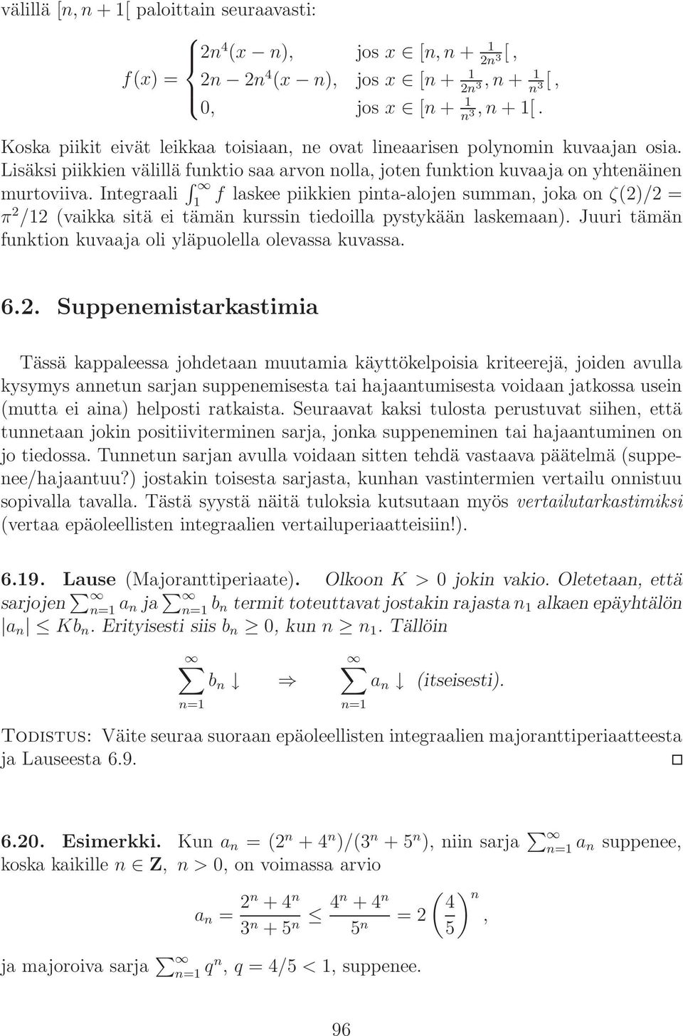 Integraali f laskee piikkien pinta-alojen summan, joka on ζ(2)/2 = π 2 /2 (vaikka sitä ei tämän kurssin tiedoilla pystykään laskemaan). Juuri tämän funktion kuvaaja oli yläpuolella olevassa kuvassa.