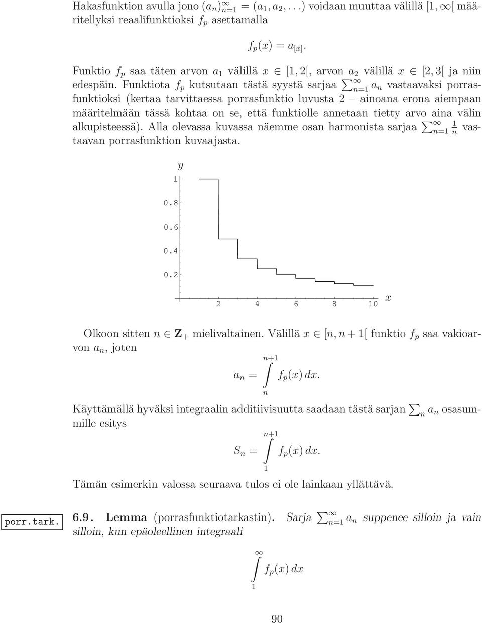 Funktiota f p kutsutaan tästä syystä sarjaa n= a n vastaavaksi porrasfunktioksi (kertaa tarvittaessa porrasfunktio luvusta 2 ainoana erona aiempaan määritelmään tässä kohtaa on se, että funktiolle
