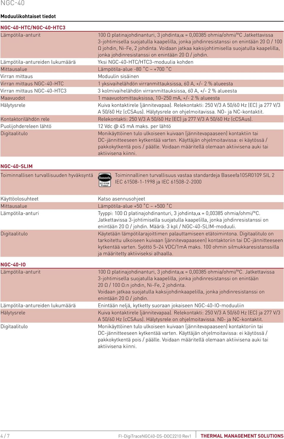 Yksi NGC-40-HTC/HTC3-moduulia kohden Lämpötila-alue -80 C +700 C Moduulin sisäinen 1 yksivaihelähdön virranmittauksissa, 60 A, +/- 2 % alueesta 3 kolmivaihelähdön virranmittauksissa, 60 A, +/- 2 %