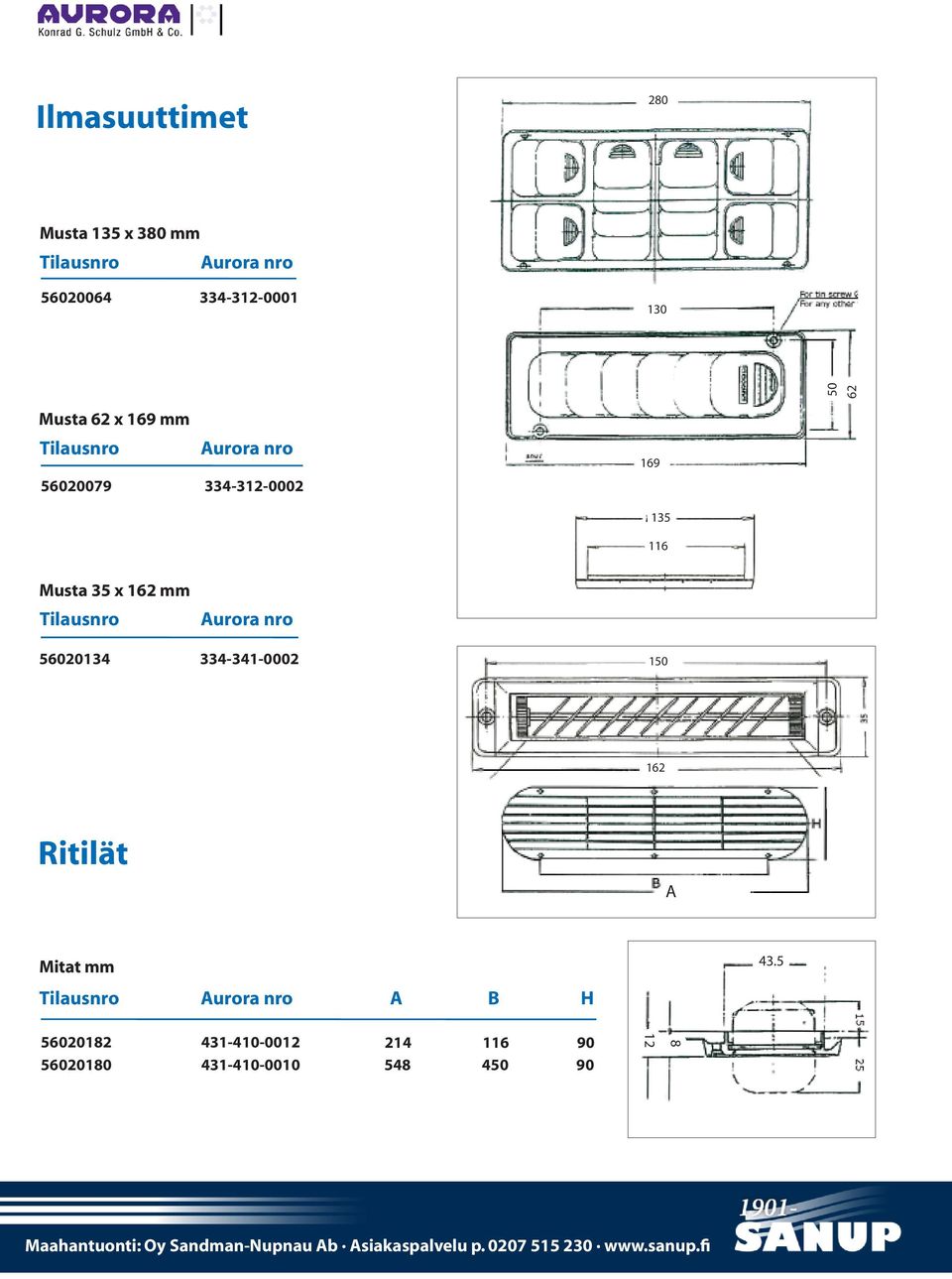 162 mm 56020134 334-341-0002 150 162 Ritilät A Mitat mm A B H 43.