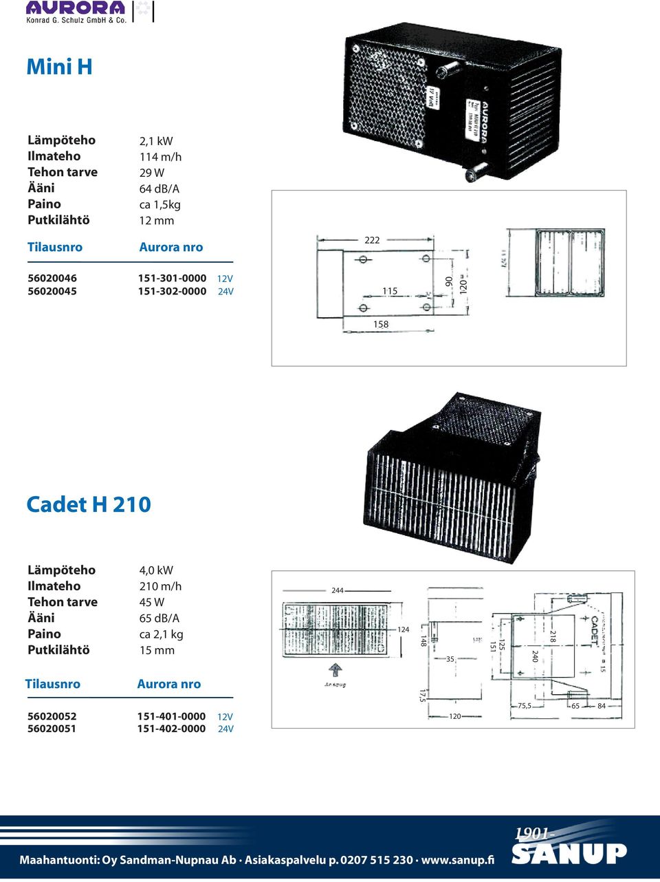 Putkilähtö 4,0 kw 210 m/h 45 W 65 db/a ca 2,1 kg 15 mm 56020052