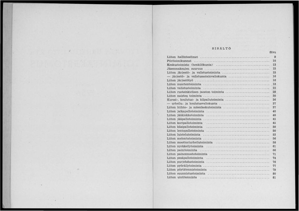 ............................. Liiton ruotsinkielisen jaoston toiminta.............. Liiton naisten toiminta.... Kurssi-, koulutus- ja kilpailutoiminta.