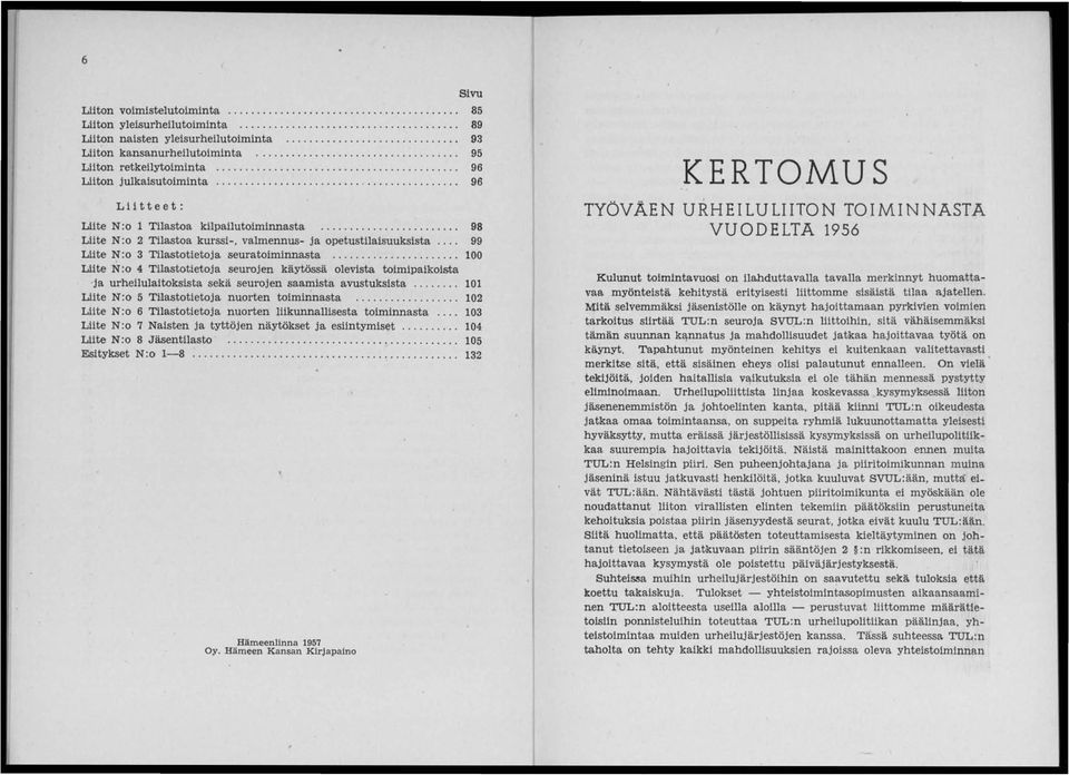 ... Liite r:r :o 3 Tilastotietoja seuratoiminnasta............... LiJ.te N:o 4 Tilastotietoja seurojen käytössä olevista toimipaikoista 'ja urhehulaitoksista sekä seurojen saamista avustuksista.