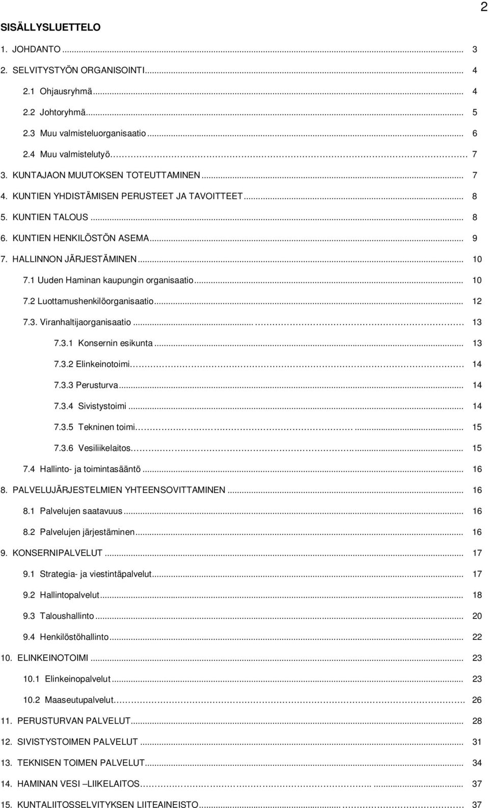 1 Uuden Haminan kaupungin organisaatio... 10 7.2 Luottamushenkilöorganisaatio... 12 7.3. Viranhaltijaorganisaatio... 13 7.3.1 Konsernin esikunta... 13 7.3.2 Elinkeinotoimi. 14 7.3.3 Perusturva... 14 7.3.4 Sivistystoimi.