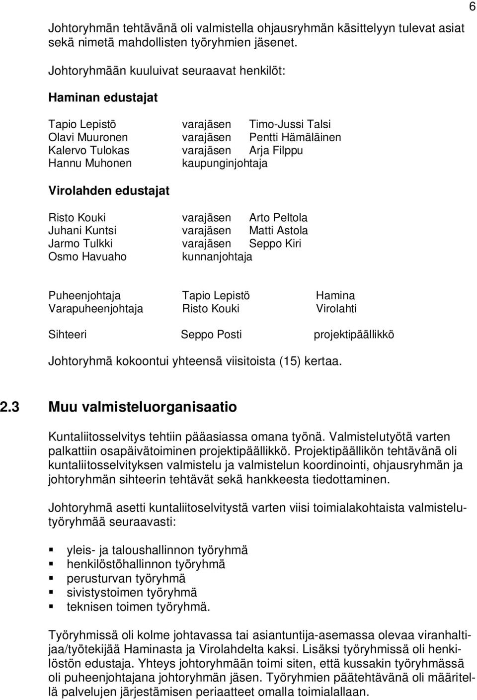 kaupunginjohtaja Virolahden edustajat Risto Kouki varajäsen Arto Peltola Juhani Kuntsi varajäsen Matti Astola Jarmo Tulkki varajäsen Seppo Kiri Osmo Havuaho kunnanjohtaja 6 Puheenjohtaja Tapio