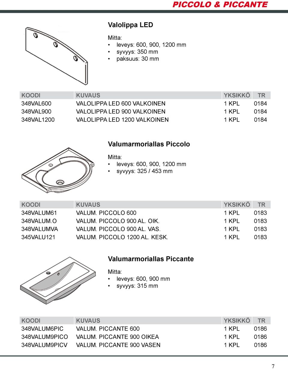 PICCOLO 600 1 KPL 0183 348VALUM.O VALUM. PICCOLO 900 AL. OIK. 1 KPL 0183 348VALUMVA VALUM. PICCOLO 900 AL. VAS. 1 KPL 0183 345VALU121 VALUM. PICCOLO 1200 AL. KESK.