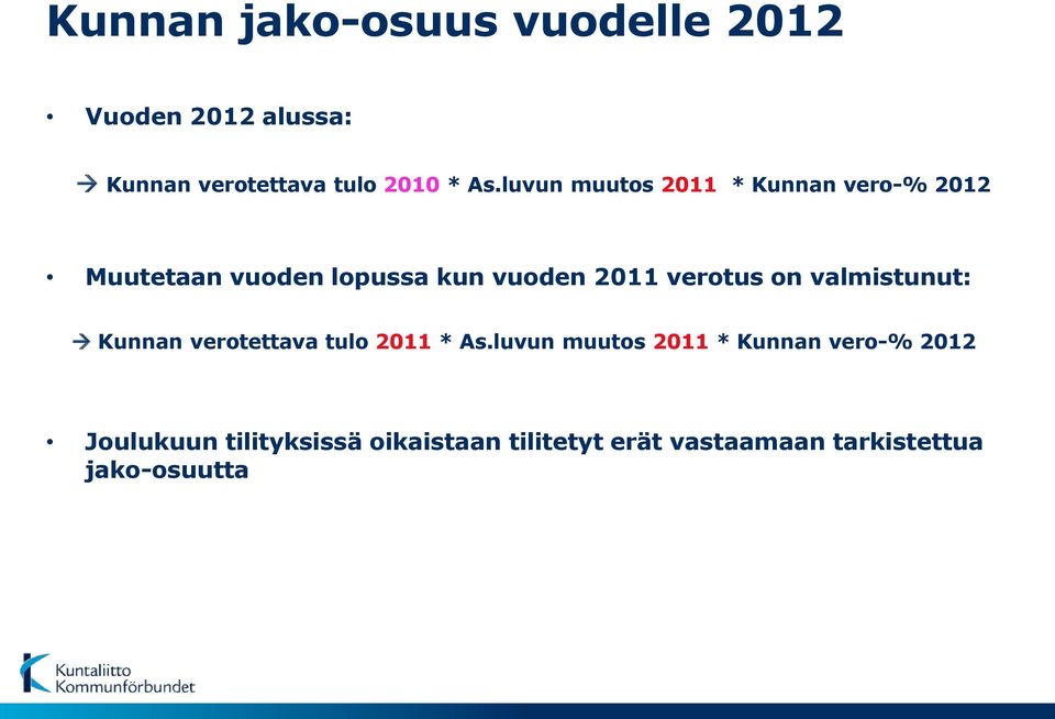 verotus on valmistunut: Kunnan verotettava tulo 2011 * As.