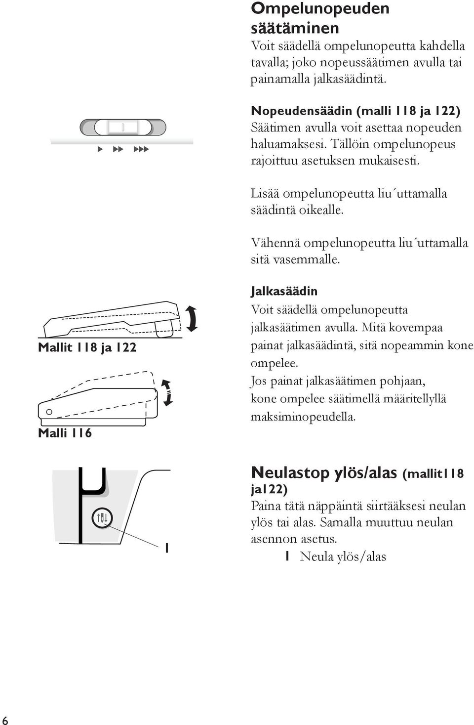 Vähennä ompelunopeutta liu uttamalla sitä vasemmalle. Mallit 8 ja Malli 6 Jalkasäädin Voit säädellä ompelunopeutta jalkasäätimen avulla.