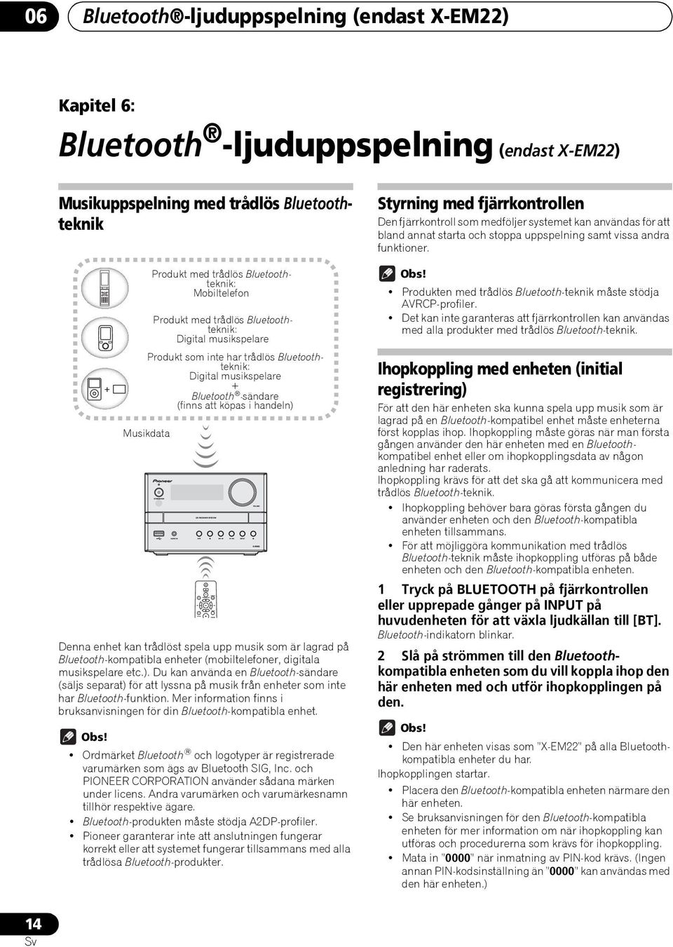 kan trådlöst spela upp musik som är lagrad på Bluetooth-kompatibla enheter (mobiltelefoner, digitala musikspelare etc.).