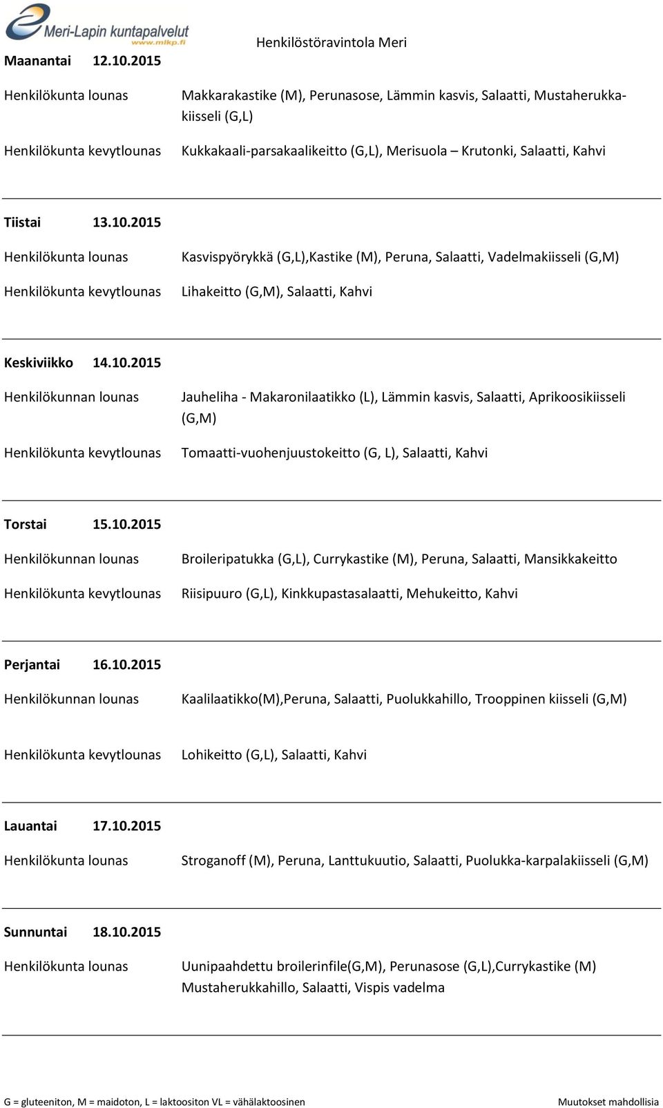 2015 Kasvispyörykkä (G,L),Kastike (M), Peruna, Salaatti, Vadelmakiisseli (G,M) Lihakeitto (G,M), Salaatti, Kahvi Keskiviikko 14.10.