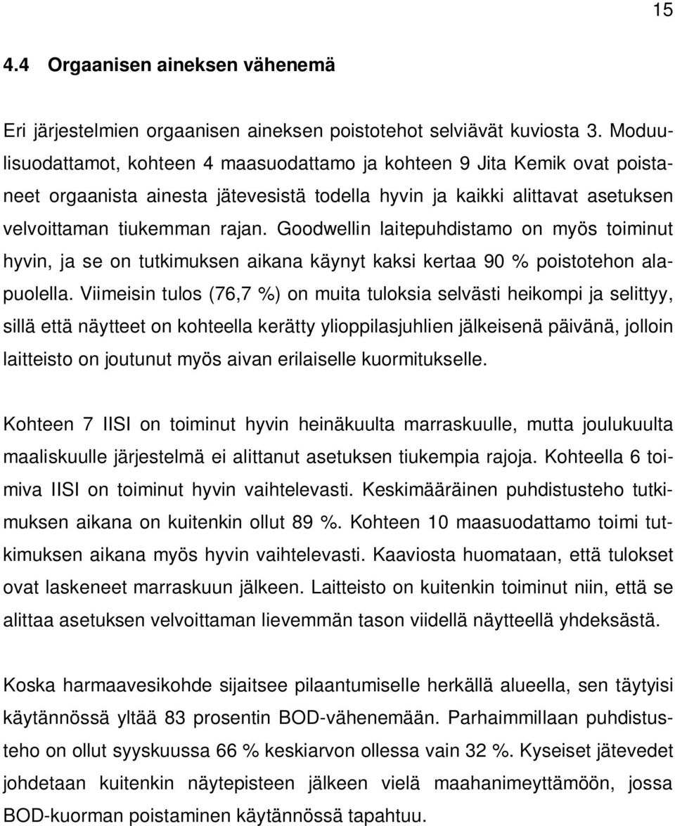 Goodwellin laitepuhdistamo on myös toiminut hyvin, ja se on tutkimuksen aikana käynyt kaksi kertaa 90 % poistotehon alapuolella.