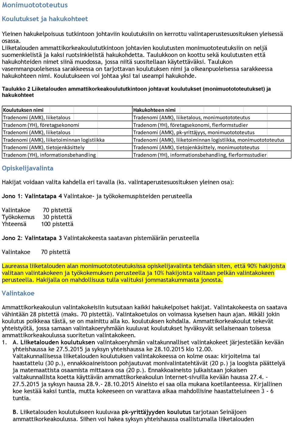 Taulukkoon on koottu sekä koulutusten että hakukohteiden nimet siinä muodossa, jossa niitä suositellaan käytettäväksi.