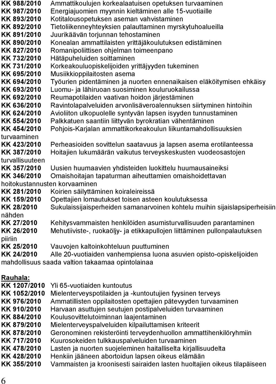 Romanipoliittisen ohjelman toimeenpano KK 732/2010 Hätäpuheluiden soittaminen KK 731/2010 Korkeakouluopiskelijoiden yrittäjyyden tukeminen KK 695/2010 Musiikkioppilaitosten asema KK 694/2010 Työurien