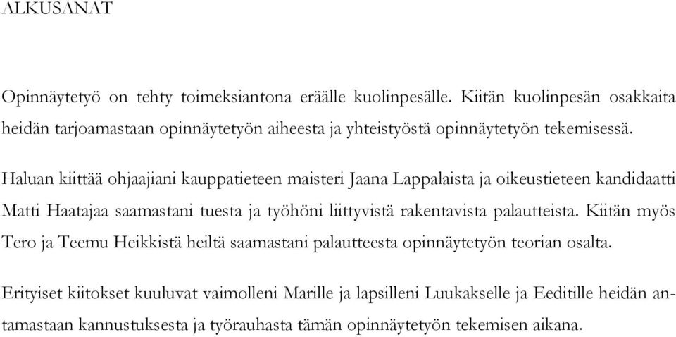 Haluan kiittää ohjaajiani kauppatieteen maisteri Jaana Lappalaista ja oikeustieteen kandidaatti Matti Haatajaa saamastani tuesta ja työhöni liittyvistä