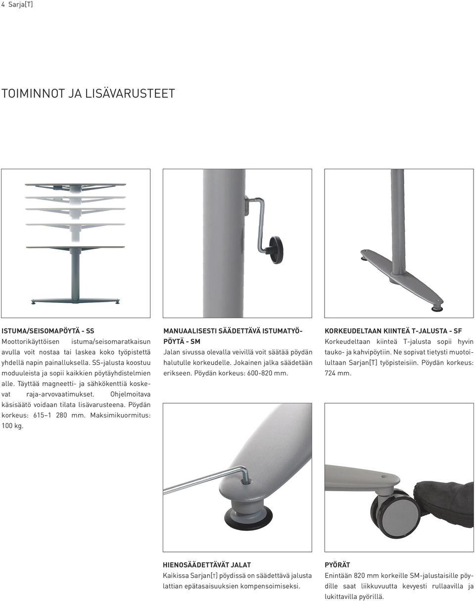 Pöydän korkeus: 615 1 280 mm. Maksimikuormitus: 100 kg. MANUAALISESTI SÄÄDETTÄVÄ ISTUMATYÖ- PÖYTÄ - SM Jalan sivussa olevalla veivillä voit säätää pöydän halutulle korkeudelle.