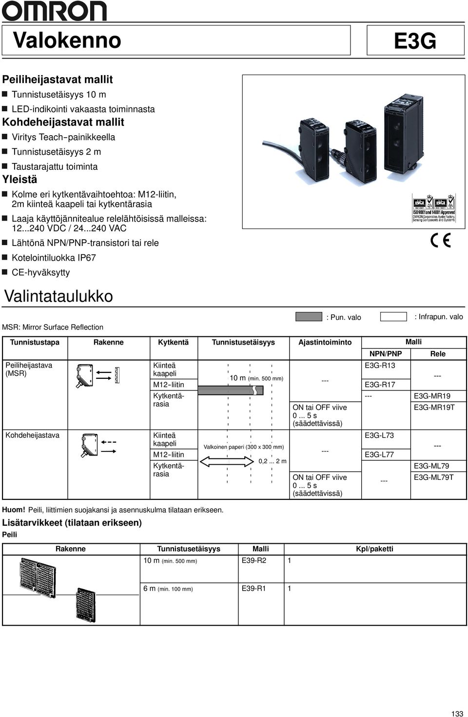 ..240 VAC Lähtönä NPN/PNP-transistori tai rele Kotelointiluokka IP67 CE-hyväksytty Valintataulukko MSR: Mirror Surface Reflection : Pun. valo : Infrapun.