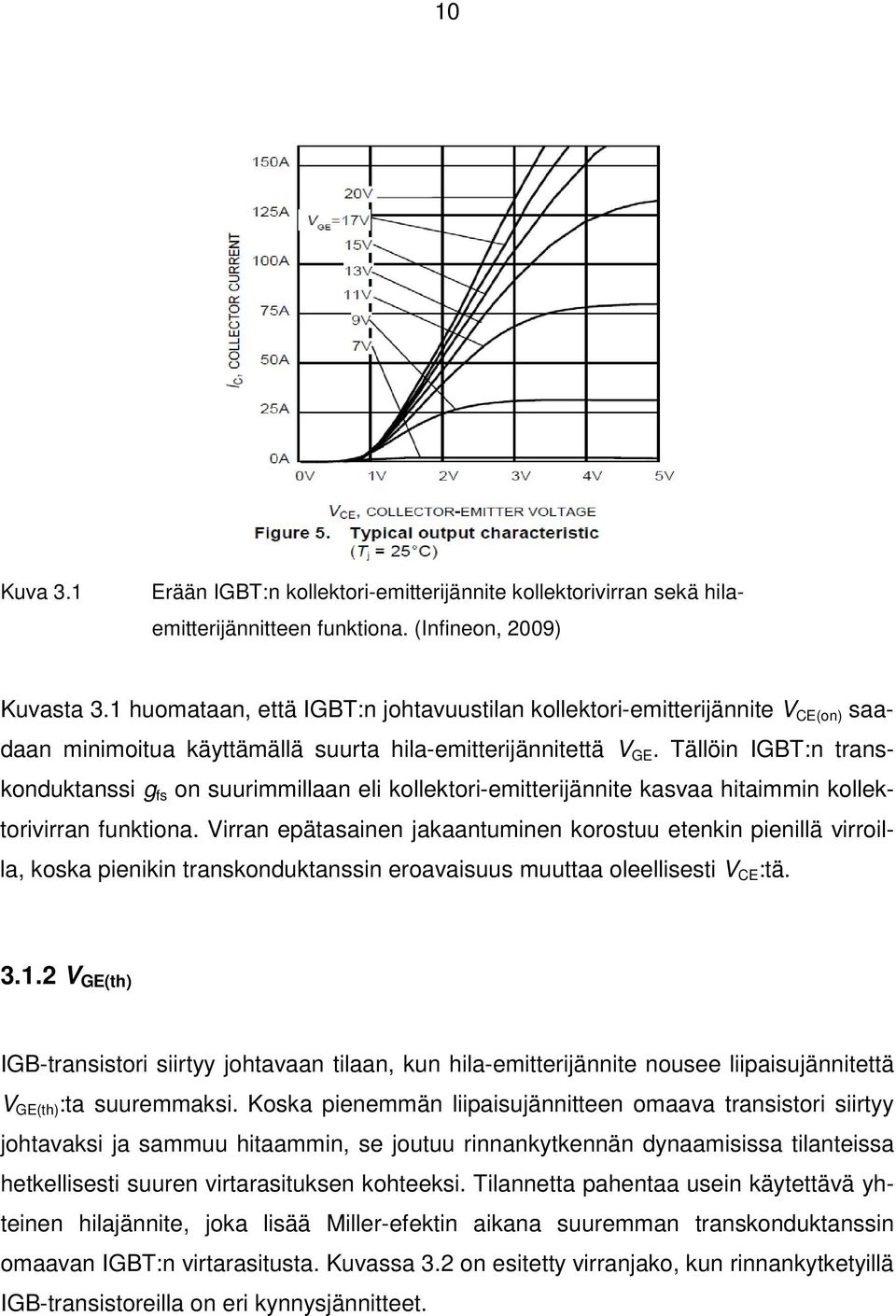Tällöin IGBT:n transkonduktanssi g fs on suurimmillaan eli kollektori-emitterijännite kasvaa hitaimmin kollektorivirran funktiona.