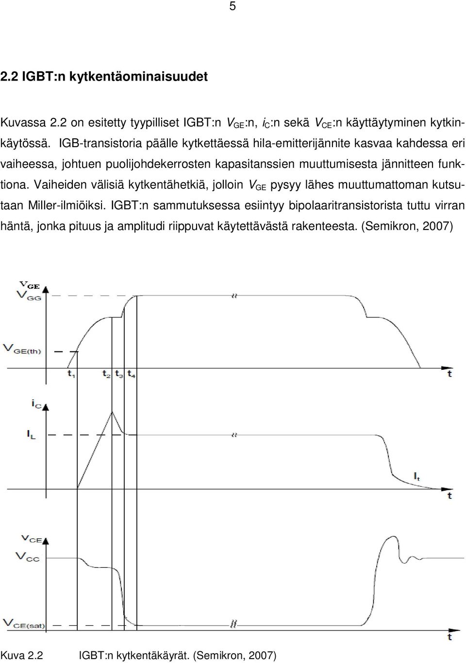 jännitteen funktiona. Vaiheiden välisiä kytkentähetkiä, jolloin V GE pysyy lähes muuttumattoman kutsutaan Miller-ilmiöiksi.