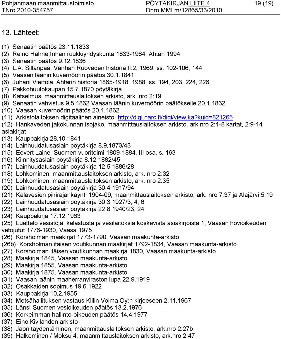 194, 203, 224, 226 (7) Pakkohuutokaupan 15.7.1870 pöytäkirja (8) Katselmus, maanmittauslaitoksen arkisto, ark. nro 2:19 (9) Senaatin vahvistus 9.5.1862 Vaasan läänin kuvernöörin päätökselle 20.1.1862 (10) Vaasan kuvernöörin päätös 20.