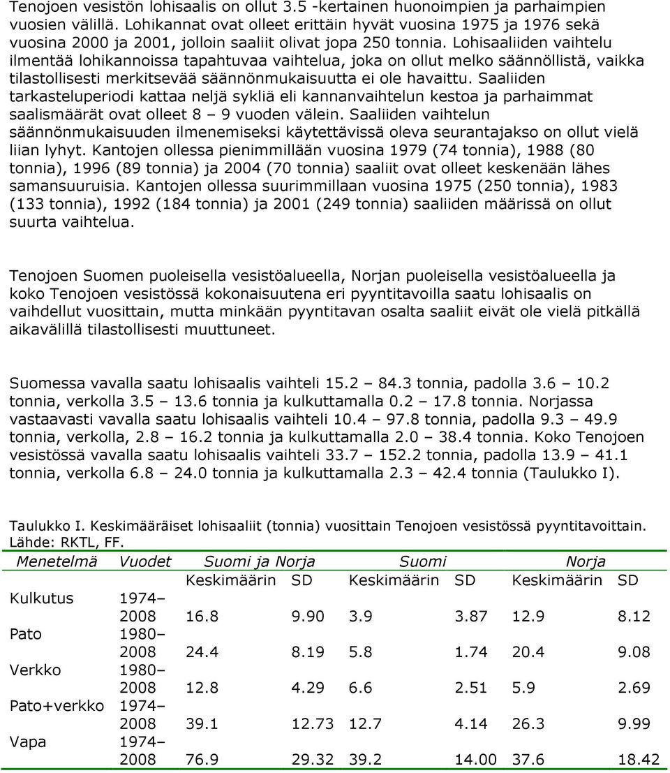 Lohisaaliiden vaihtelu ilmentää lohikannoissa tapahtuvaa vaihtelua, joka on ollut melko säännöllistä, vaikka tilastollisesti merkitsevää säännönmukaisuutta ei ole havaittu.